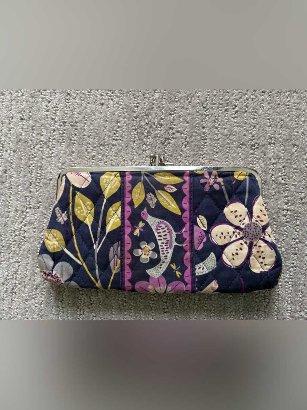 Vera Bradley Quilted Floral Bird Clasp Wallet - Navy, Yellow & Pink